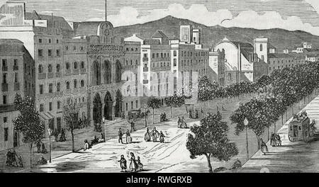 Spanien. Katalonien. Barcelona. Blick auf die Ramblas und dem Liceo Theater. Gravur. Crónica de España, Historia y Ilustrada Descriptiva de Sus Provincias. Katalonien. 1866. Stockfoto