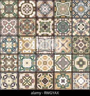 Eine Sammlung von Keramikfliesen in grün gold Farben. Eine Reihe von quadratischen Muster im orientalischen Stil. Vector Illustration. Stock Vektor