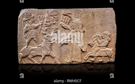 Orthostat Aslantepe hethitischen Reliefs Skulpturen aus Stein. Kalkstein, Aslantepe, Malatya, 1200-700 v. Chr. Museum für Anatolische Zivilisationen, Ankara, Türkei. Stockfoto