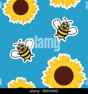 Nahtlose Muster honey bee und Sonnenblumenkerne auf blauem Hintergrund Vektor-illustration EPS 10. Stock Vektor