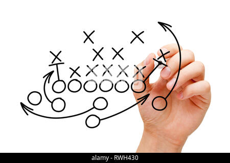 Trainer Zeichnung American Football oder Rugby Spiel playbook, Taktik und Strategie mit schwarzem Marker auf weißem Hintergrund. Stockfoto