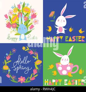 Satz 4 Vektor Ostern Frühling Bilder mit Kaninchen, Blumen und Beschriftung Stock Vektor