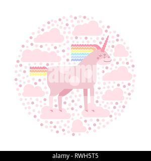 Cute Vector Einhorn im flachen Stil. Einhorn Pferd mit Regenbogen Mähne und Schweif für ihr Design, Gewebe, Textilien, Tapeten, Gruß und postcar motivieren Stock Vektor