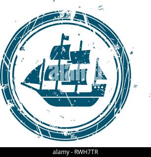 Maritime Stempel mit Vintage Segelschiff silhouette Vector Illustration Stock Vektor