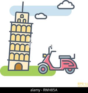 Vintage rosa Roller und Schiefen Turm von Pisa gefüllt Symbol Leitung Vector Illustration Stock Vektor