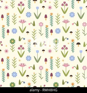 Hand vektor Blumenmuster im flachen Stil gezeichnet. Schöne nahtlose Muster mit Blumen, Pilze, Beeren für Ihr Design. Stock Vektor