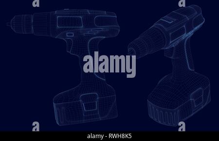 Set mit einem drahtmodell der Bohrer von blaue Linien auf einem dunklen Hintergrund. Seitenansicht und Isometrie. 3D. Vector Illustration Stock Vektor