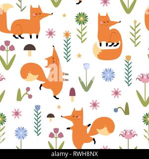 Hand vector Pattern mit Füchsen im flachen Stil gezeichnet. Schöne nahtlose Muster mit Füchsen, Blumen, Pilze, Beeren für Ihr Design. Stock Vektor