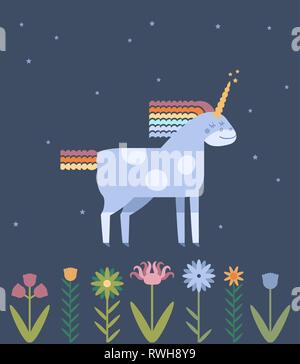 Süße Hand gezeichnet Vektor Banner mit Blumen und Einhorn im flachen Stil. Kleine lustige stilisierte Einhorn für Ihr Design. Stock Vektor