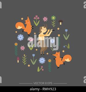 Hand vektor Banner mit Tanz Füchse und Faun im flachen Stil gezeichnet. Schöne Poster mit Faun, Füchse, Blumen, Pilze, Beeren für Ihr Design. Stock Vektor