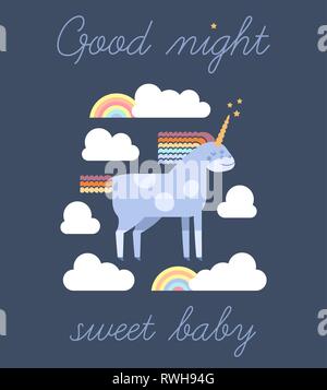 Cute Vector Einhorn im flachen Stil. Einhorn mit Rainbow Mähne und Schweif mit Wolken und Regenbögen für ihr Design, Gewebe, Textilien, Tapeten, Gruß ein Stock Vektor
