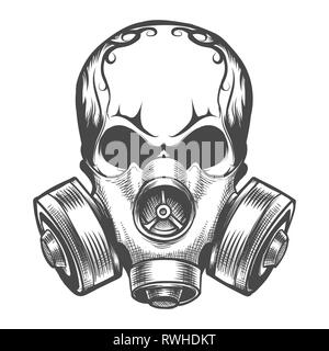 Menschliche Schädel in Gasmaske. Hand Toxizität Emblem gezeichnet. Vector Illustration. Stock Vektor