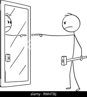 Cartoon von wütenden Mann mit einem Hammer die Schuld sich selbst im Spiegel Stock Vektor