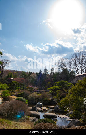 Traditionelles Haus, spring garden im antiken Oshino Hakkai Dorf in der Nähe von Mt. Fuji, Fuji fünf See Region, Bezirk Minamitsuru, Yamanashi Präfektur, Ja Stockfoto