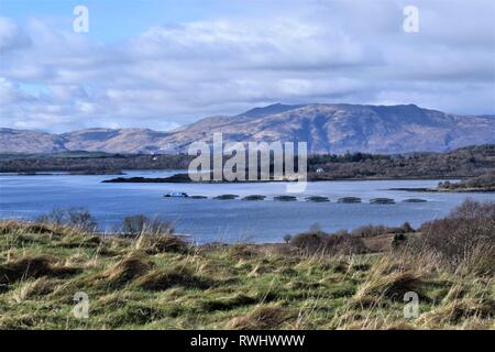 Scottish Sea Farmen Boot und Lachs Käfige an der South Shian mit glensanda Superquarry im Hintergrund. Stockfoto