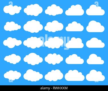 Wolken Silhouetten. Vektor einrichten von Wolken formen. Sammlung von verschiedenen Formen und Konturen. Designelemente für die Wettervorhersage, Webinterface oder Stock Vektor