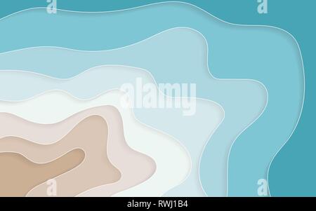 Paper art Cartoon abstrakte Wellen, Bohrungen. Blaues Meer und Strand Sommer Hintergrund mit Papier wellen und Seeküste für Banner, Einladung, Plakat oder Website Stock Vektor