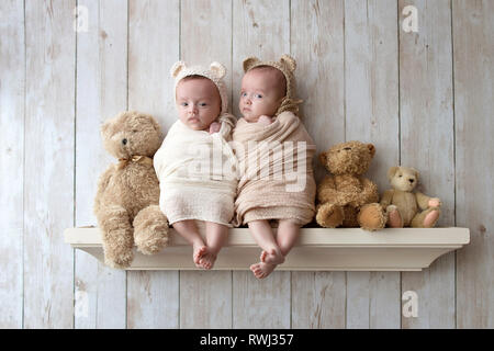 Twin baby Schwestern tragen Gestricken tragen Mützen und sitzen auf einem Holzregal neben drei angefüllte Bären. Stockfoto