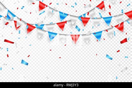 Girlanden von Rot Weiß blauen Flaggen. Blaue, weiße und rote Folie Konfetti. Vector Illustration. Stock Vektor
