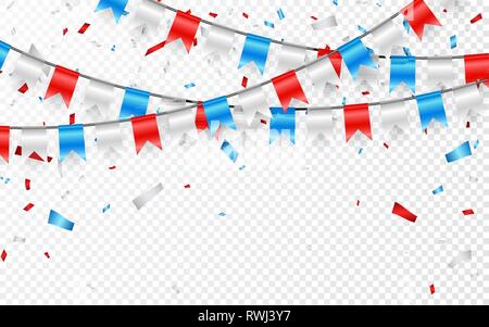 Girlanden von Rot Weiß blauen Flaggen. Blaue, weiße und rote Folie Konfetti. Vector Illustration. Stock Vektor