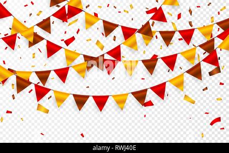 Thanksgiving Day, Fahnen Girlande auf transparentem Hintergrund. Girlanden aus rot braun-gelbe Flaggen und Folie Konfetti. Vector Illustration. Stock Vektor