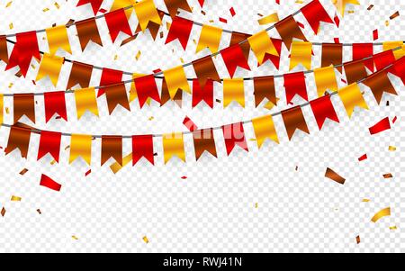 Thanksgiving Day, Fahnen Girlande auf transparentem Hintergrund. Girlanden aus rot braun-gelbe Flaggen und Folie Konfetti. Vector Illustration. Stock Vektor