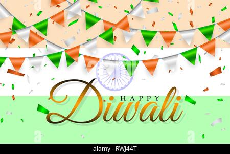 Happy Diwali indischer Fahnen Girlande. Indien Fahne und Girlanden von Orange weiss grün Fahnen und Folie Konfetti. Vector Illustration. Stock Vektor