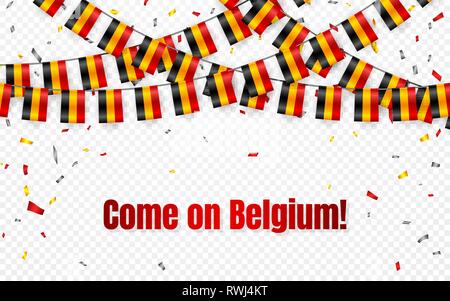 Belgien Fahnen Girlande auf transparentem Hintergrund mit Konfetti. Hängen bunting für Independence Day Feier Vorlage Banner, Vector Illustration. Stock Vektor