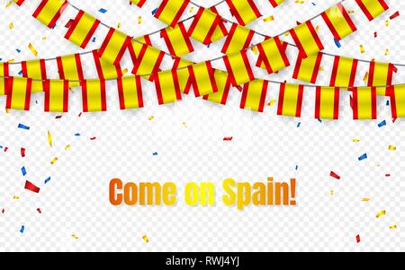 Spanien Flagge mit Girlande Konfetti auf transparentem Hintergrund, hängen Bunting für Feier Vorlage Banner, Vector Illustration. Stock Vektor