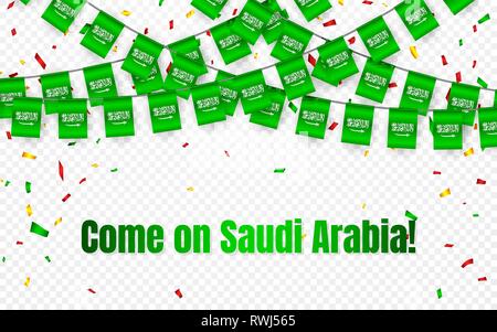 Saudi Arabien Fahne mit Girlande Konfetti auf transparentem Hintergrund, hängen Bunting für Feier Vorlage Banner, Vector Illustration. Stock Vektor