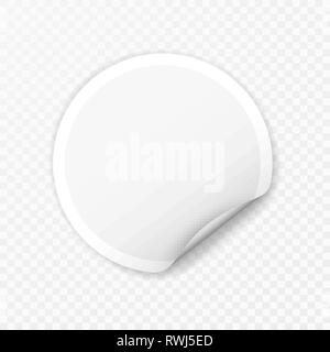 Leere runde Aufkleber mit gebogenen Ecken auf transparentem Hintergrund, realistisch mockup. Stock Vektor