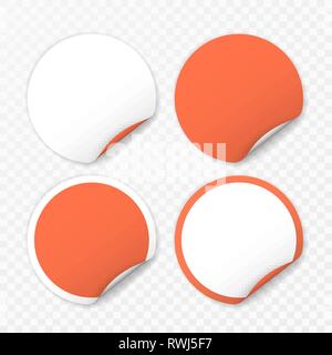 Leere runde Aufkleber mit gebogenen Ecken auf transparentem Hintergrund, realistisch mockup. Stock Vektor