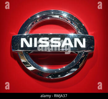 Genf, Schweiz. 06 Mär, 2019. Ein Nissan Logo, am zweiten Pressetag genommen. Die 89. Automobilsalon in Genf beginnt am 7. März und dauert bis 17. März. Credit: Uli Deck / dpa/Alamy leben Nachrichten Stockfoto