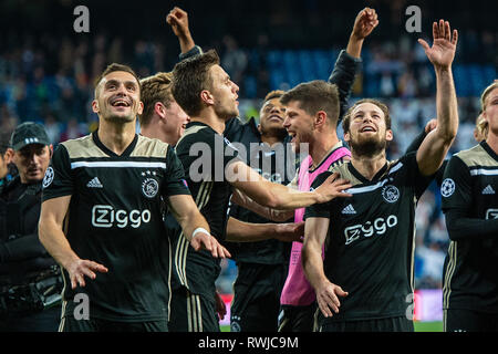 Madrid, Spanien. 5 Mär, 2019. Fussball Real Madrid v AFC Ajax Champions League 2018-2019 Dusan Tadic von Ajax, Joel Veltman von Ajax, Klaas-Jan Huntelaar von Ajax, Daley Blind von Ajax Credit: Orange Bilder vof/Alamy leben Nachrichten Stockfoto