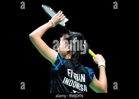 Birmingham, Großbritannien. 6. März, 2019. All England Open Badminton Championships: BIRMINGHAM, ENGLAND - März 6: WOMAN'S Ingles, FITRIANI Fitrian in Aktion an der Yonex All England Open Badminton Championships im Arena Birmingham am 6. März, 2019 Birmingham, England Credit: PATRICK ANTHONISZ/Alamy leben Nachrichten Stockfoto