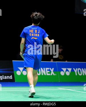 Birmingham, Großbritannien. 6. März, 2019. All England Open Badminton Championships: BIRMINGHAM, ENGLAND - März 6: WOMAN'S Ingles, Bingjiao er Chinas in Aktion an der Yonex All England Open Badminton Championships im Arena Birmingham am 6. März, 2019 Birmingham, England Credit: PATRICK ANTHONISZ/Alamy leben Nachrichten Stockfoto