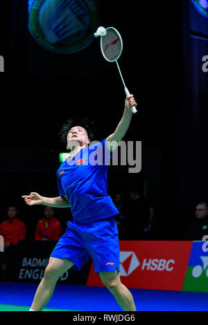 Birmingham, Großbritannien. 6. März, 2019. All England Open Badminton Championships: BIRMINGHAM, ENGLAND - März 6: WOMAN'S Ingles, Bingjiao er Chinas in Aktion an der Yonex All England Open Badminton Championships im Arena Birmingham am 6. März, 2019 Birmingham, England Credit: PATRICK ANTHONISZ/Alamy leben Nachrichten Stockfoto