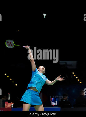 Birmingham, Großbritannien. 6. März, 2019. All England Open Badminton Championships: BIRMINGHAM, ENGLAND - März 6: WOMAN'S Ingles, CHOCHUWONG POMPAWEE in Aktion an der Yonex All England Open Badminton Championships im Arena Birmingham am 6. März, 2019 Birmingham, England Credit: PATRICK ANTHONISZ/Alamy leben Nachrichten Stockfoto