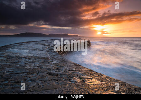 Lyme Regis, Dorset, Großbritannien. 7. März 2019. UK Wetter. Wolken Gebäude bei Sonnenaufgang über dem Cobb Hafenmauer in Lyme Regis in Dorset, bevor ein Band der schweren Duschen kam herein. Foto: Graham Jagd-/Alamy leben Nachrichten Stockfoto