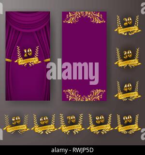 Satz von Jubiläum Karte, Einladung mit Lorbeerkranz, Anzahl. Dekorative gold Emblem von Jubiläum am Magenta Hintergrund. Filigrane Element, Rahmen, Bord Stock Vektor