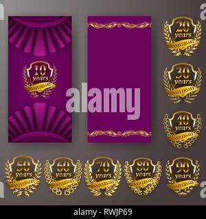 Satz von Jubiläum Karte, Einladung mit Lorbeerkranz, zahlen. Dekorative gold Emblem des Jubiläums auf lila Hintergrund. Stock Vektor