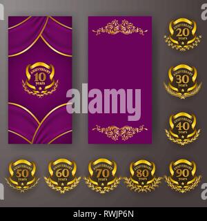 Satz von Jubiläum Karte, Einladung mit Lorbeerkranz, zahlen. Dekorative gold Emblem des Jubiläums auf lila Hintergrund. Stock Vektor