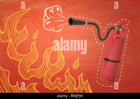3D-Rendering von roten Schaum Feuerlöscher mit Schaum und Feuer flammen auf orange Hintergrund Stockfoto