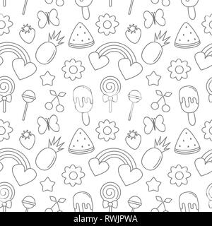 Cute tropischer Sommer nahtlose Vektor Muster Hintergrund Abbildung mit Schmetterlingen, Blumen, frische Früchte, Regenbogen, Lollipop, Eis und Star Stock Vektor