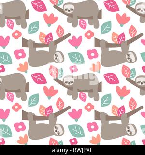 Cute cartoon Faultier nahtlose Vektor Muster Hintergrund Abbildung mit bunten Blättern und Blumen Stock Vektor
