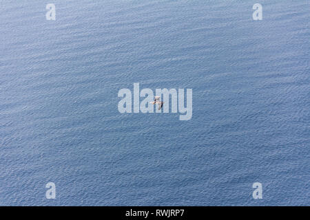 Eine Möwe über das Mittelmeer fliegen, in Calpe, Spanien Stockfoto