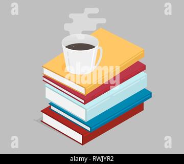 Horizontale Stack von farbigen Bücher in isometrischer mit Tasse Coffee..education Infografik template Design mit Bücher stapeln. Satz von Buch Symbole in der Wohnung des Stock Vektor