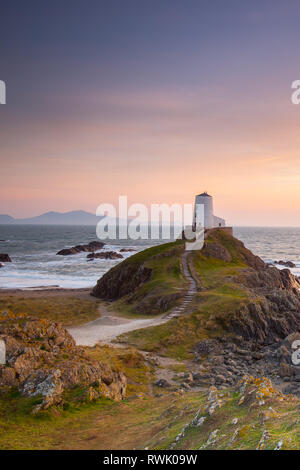 Sonnenuntergang, Twr Mawr Leuchtturm, llanddwyn Island, Anglesey, zum südlichen Eingang Menai Strait. Klassische britische Landschaft Foto (Portrait). Stockfoto