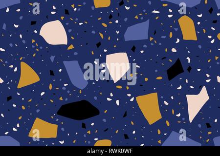 Nahtlose Wiederholung terrazzo Muster in Blau, Gelb, Pastell rosa und Schwarz auf dunkelblauem Hintergrund. Trendige und stilvolle Composite Stone Textur, wallpa Stock Vektor