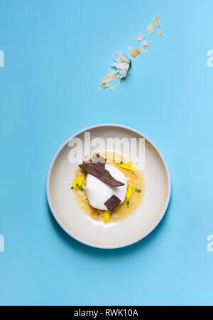 Vanille Kokos Eis Ball mit Chocolate Chips. Ansicht von oben, blauen Hintergrund. Stockfoto